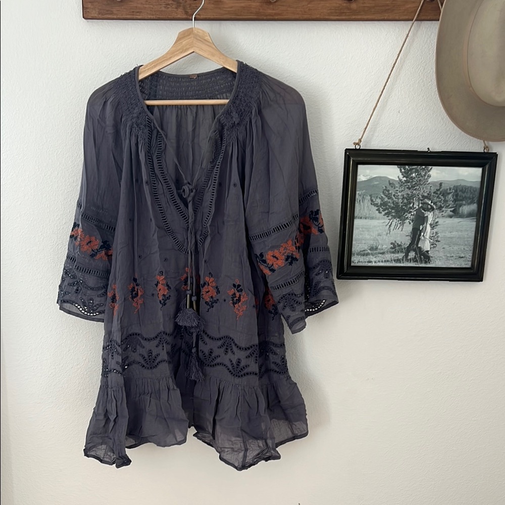 Blue Grey Tunic with Embroidered Accents